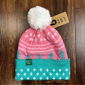 Pink and Teal Midwest Girl Beanie with Puff Ball on Top, NWT OS